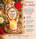 Memorial candle holder with red cardinal and engraved text on a wooden base.