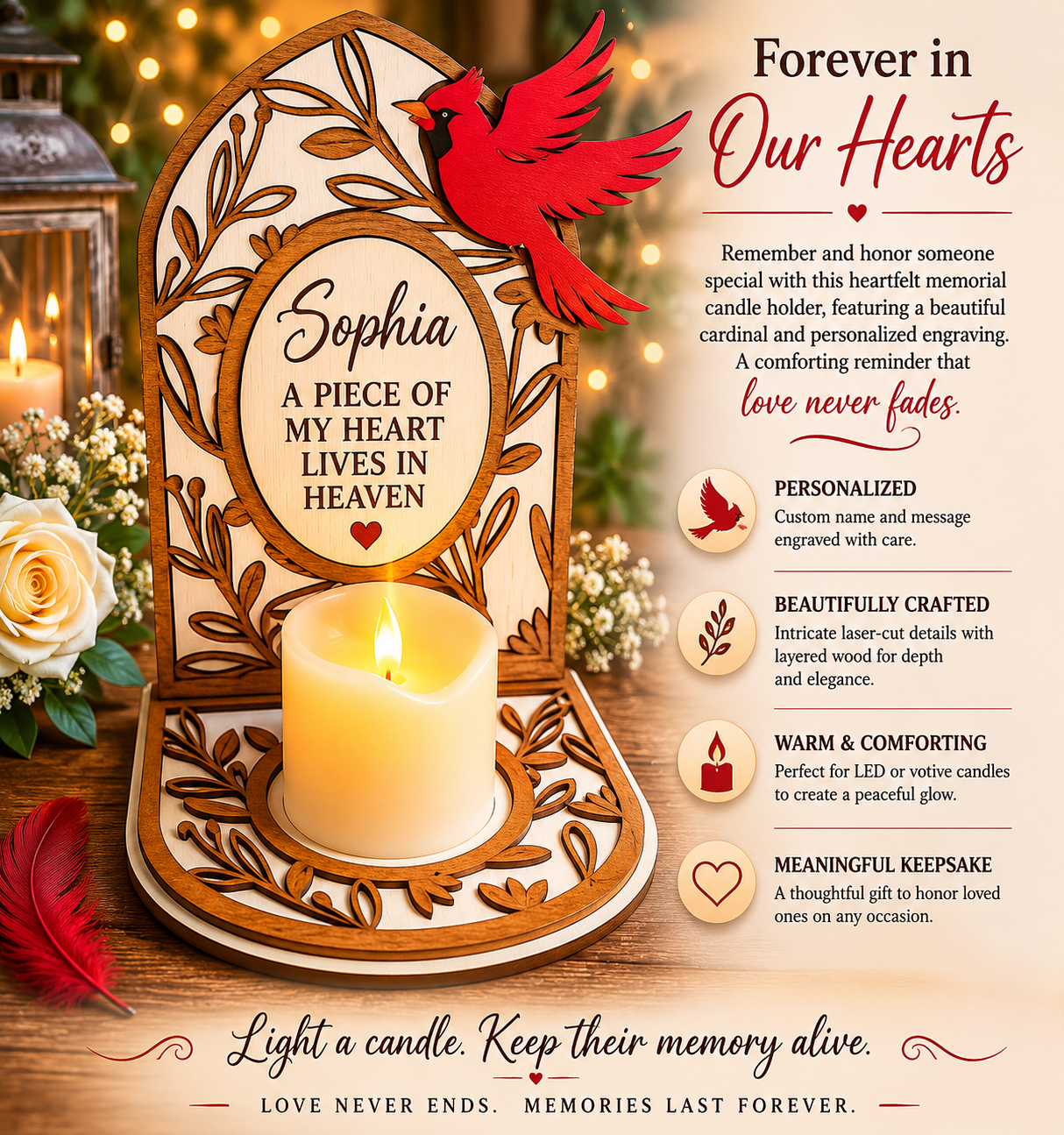 Memorial candle holder with red cardinal and engraved text on a wooden base.