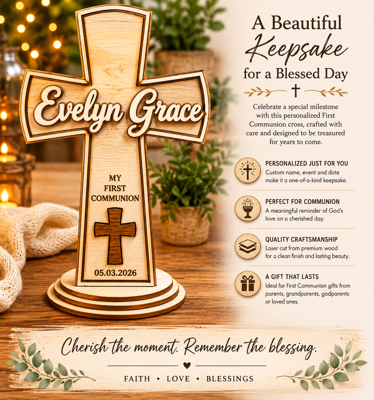 Wooden cross with engraved name and date on a wooden surface with decorative elements.