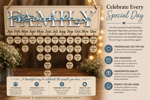 Family birthday reminder sign with wooden frame and circular cutouts for names and ages.
