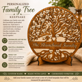 Wooden family tree keepsake with engraved names on a wooden surface.