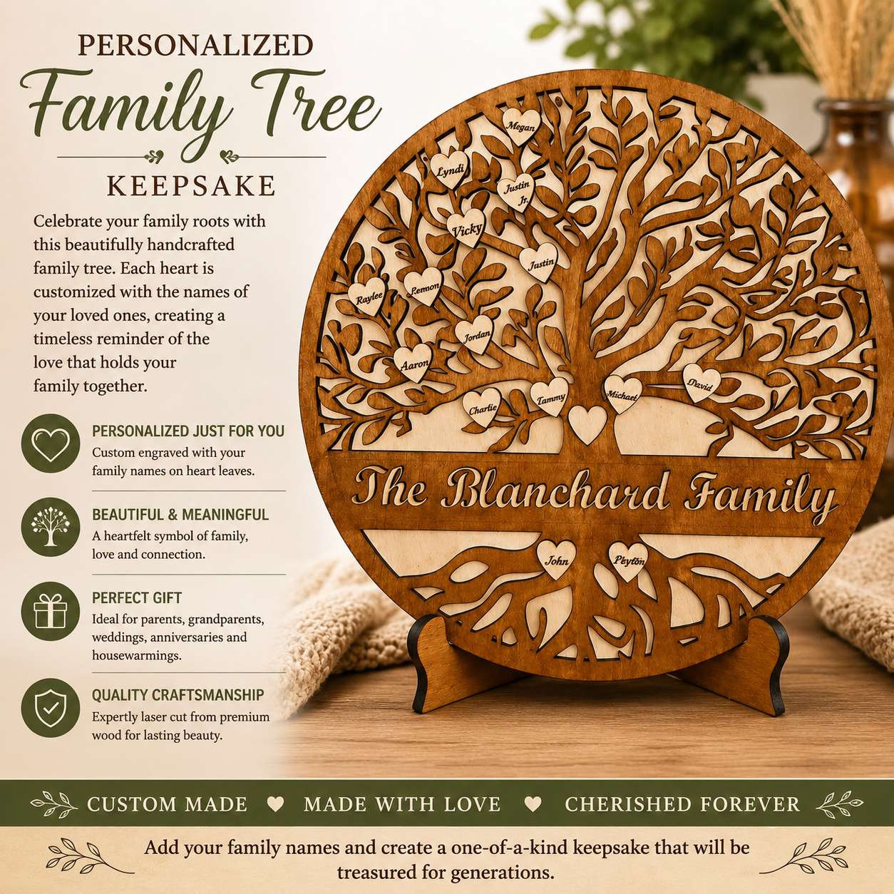 Wooden family tree keepsake with engraved names on a wooden surface.