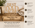 Wooden sign with 'Best Dad in the World' and 'Happy Father's Day 2026' text on a wooden surface.