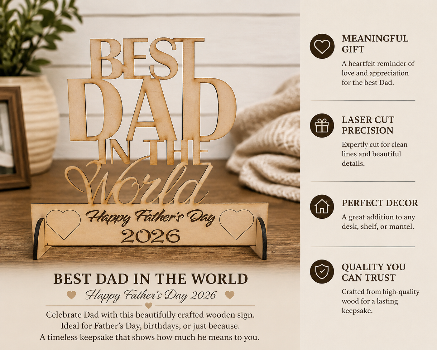 Wooden sign with 'Best Dad in the World' and 'Happy Father's Day 2026' text on a wooden surface.