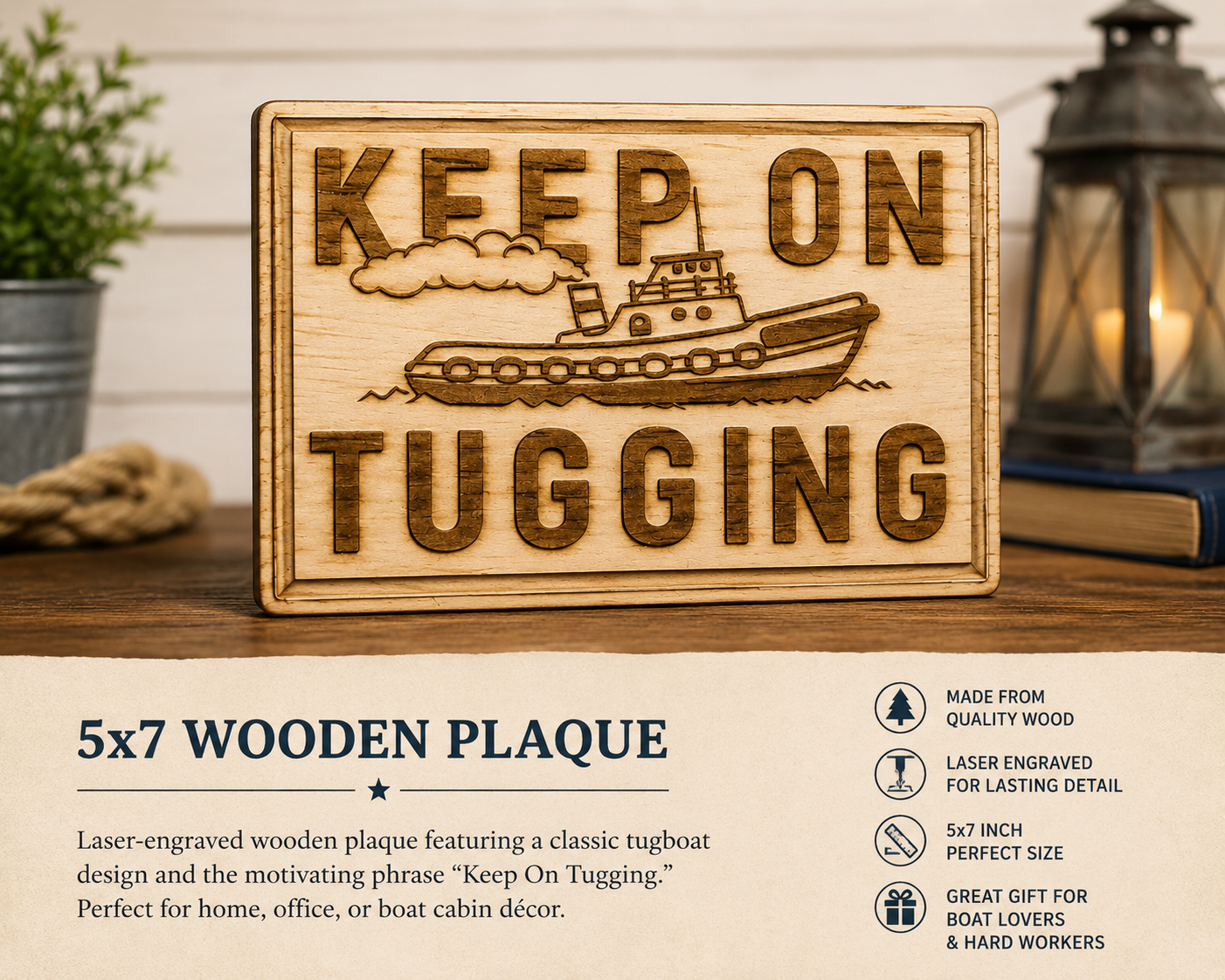 Wooden plaque with tugboat design and 'Keep On Tugging' text on a wooden surface.