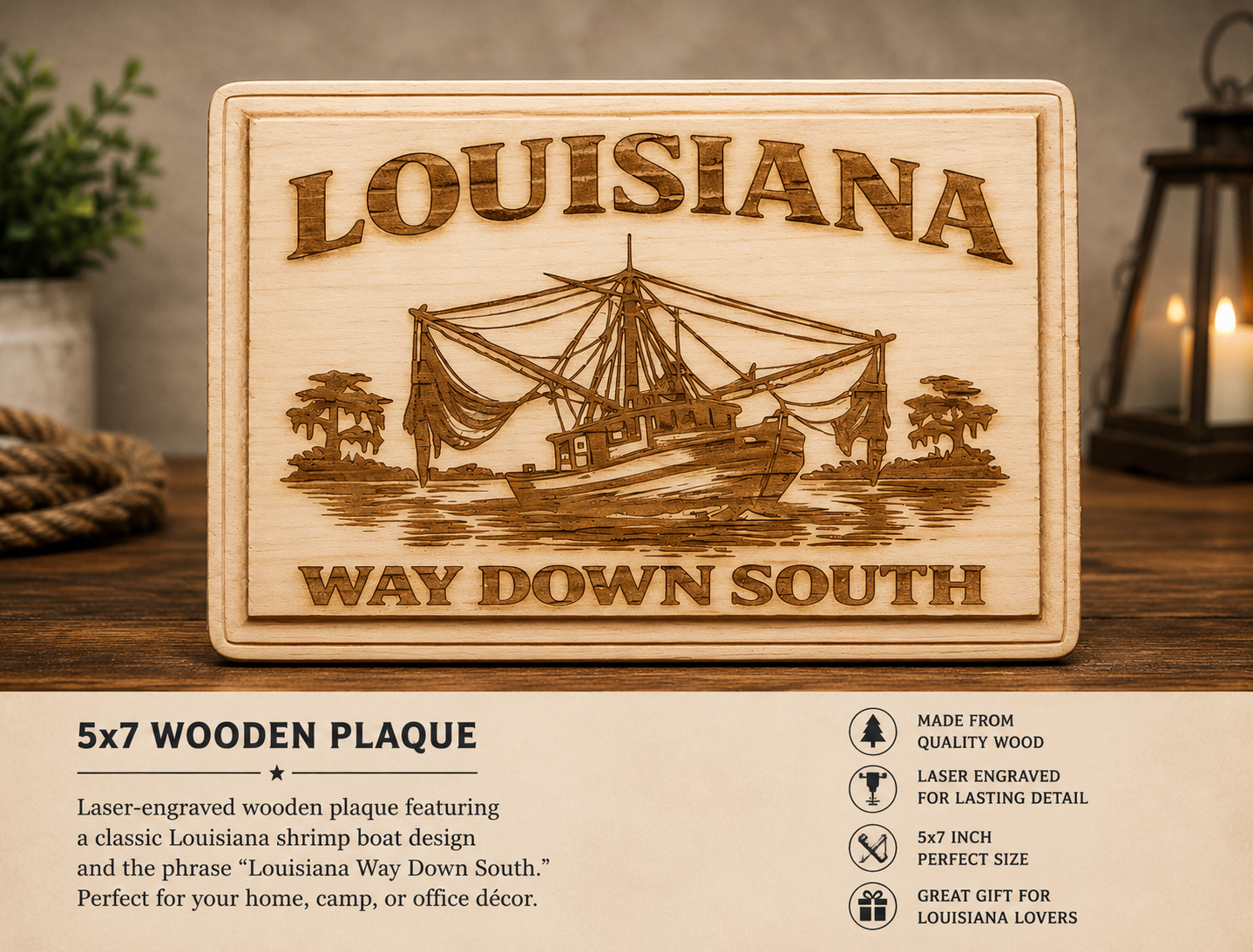 Wooden plaque with Louisiana shrimp boat design and text on a wooden surface.