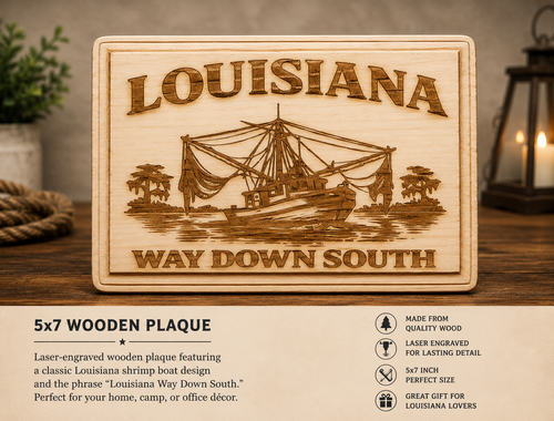 Wooden plaque with Louisiana shrimp boat design and text on a wooden surface.