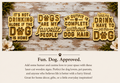 Set of five wooden magnet signs with dog-themed sayings on a rustic wooden background.