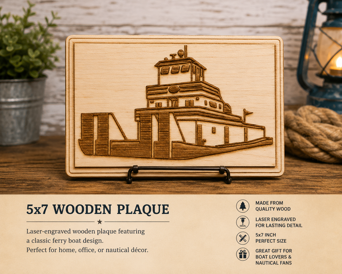 Wooden plaque with laser-engraved ferry boat design on a stand, with product details below.