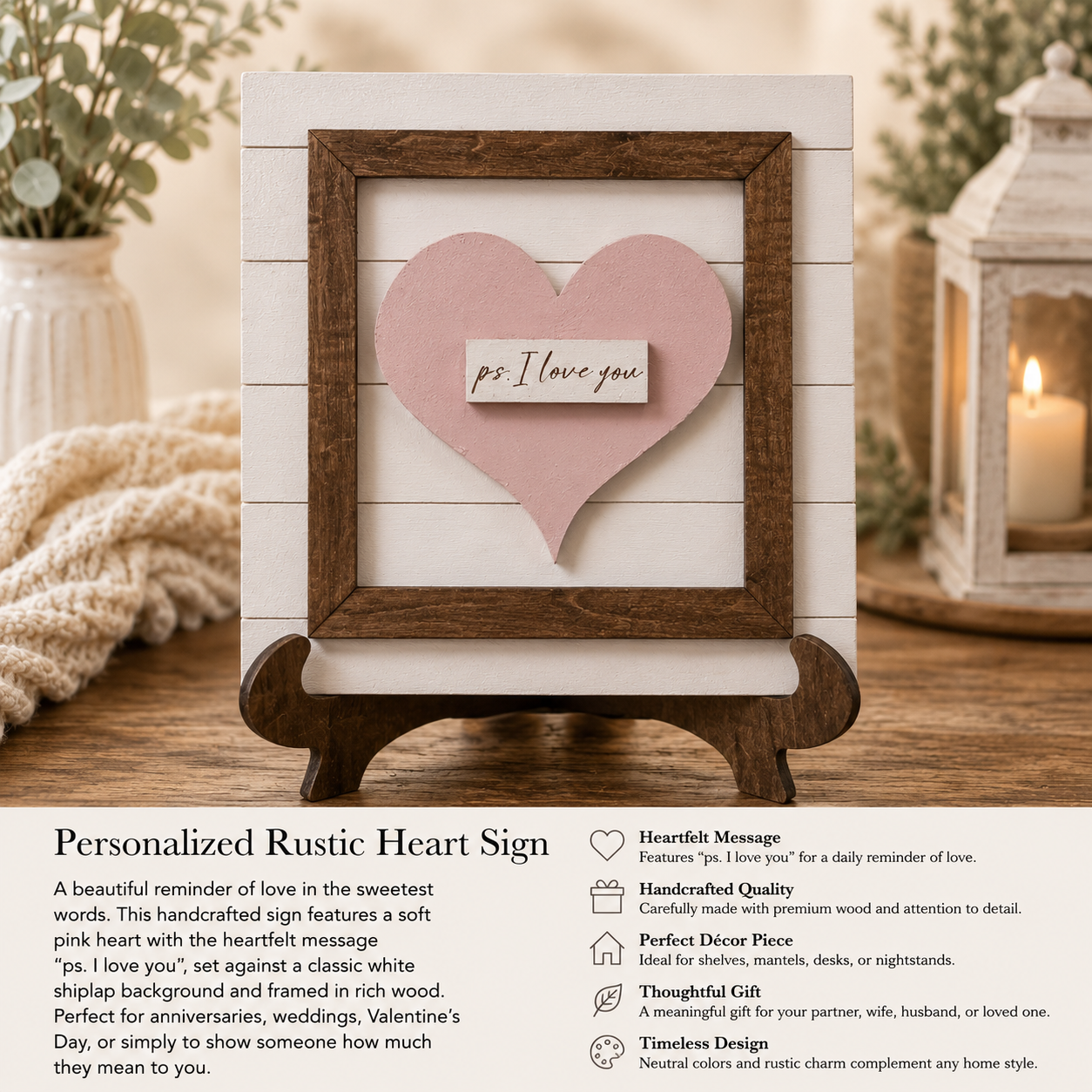 Heart-shaped sign with 'ps. I love you' message in a wooden frame on a stand, with decorative elements in the background.
