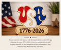 Wooden USA sign with years 1776-2026 on a wooden surface with an American flag in the background.